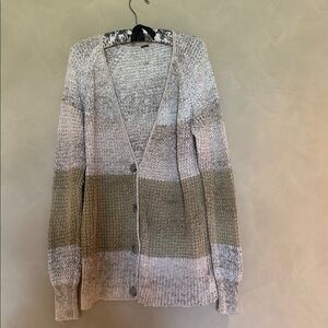 Free people crochet beige green tan cardigan with 4 buttons size Large .